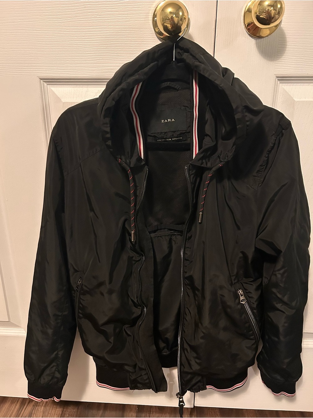 Zara Black Hooded Bomber with Striped Trim